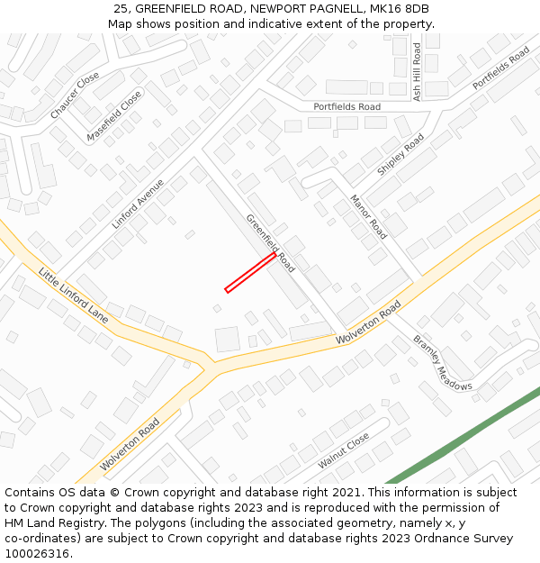 25, GREENFIELD ROAD, NEWPORT PAGNELL, MK16 8DB: Location map and indicative extent of plot