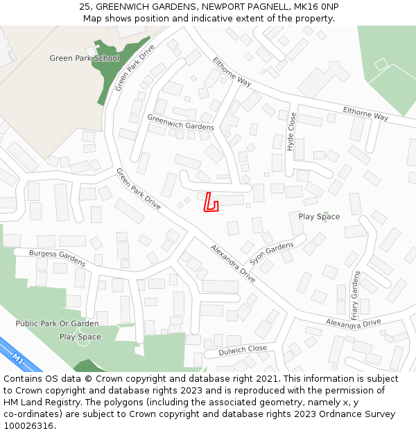 25, GREENWICH GARDENS, NEWPORT PAGNELL, MK16 0NP: Location map and indicative extent of plot