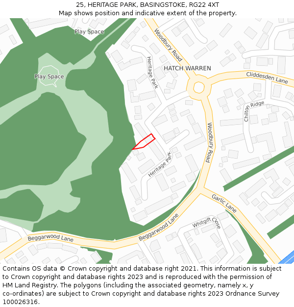 25, HERITAGE PARK, BASINGSTOKE, RG22 4XT: Location map and indicative extent of plot