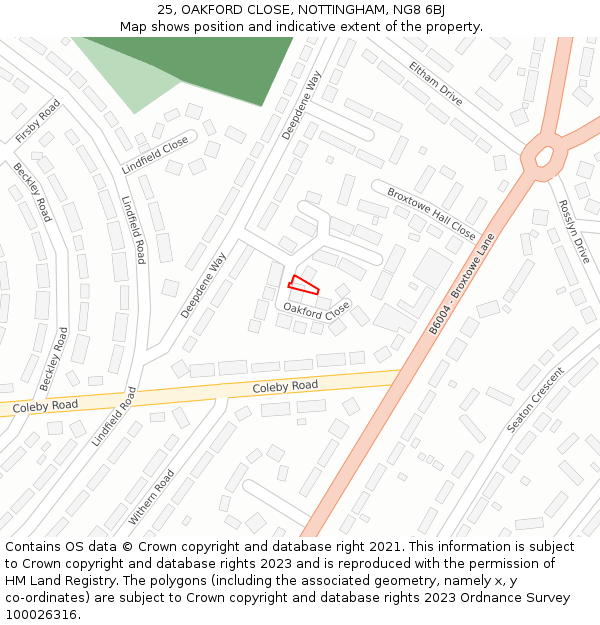 25, OAKFORD CLOSE, NOTTINGHAM, NG8 6BJ: Location map and indicative extent of plot