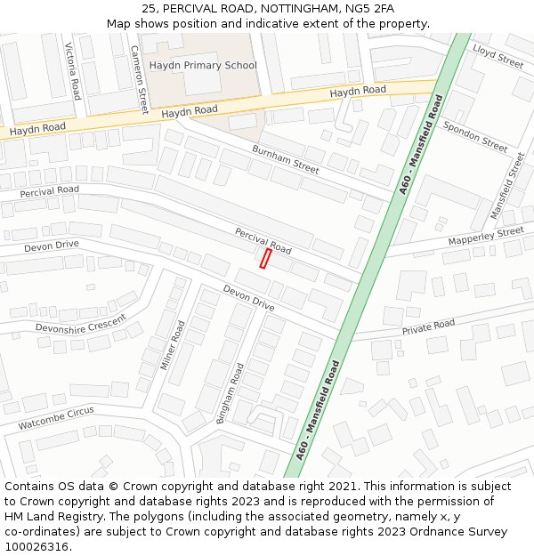 25, PERCIVAL ROAD, NOTTINGHAM, NG5 2FA: Location map and indicative extent of plot
