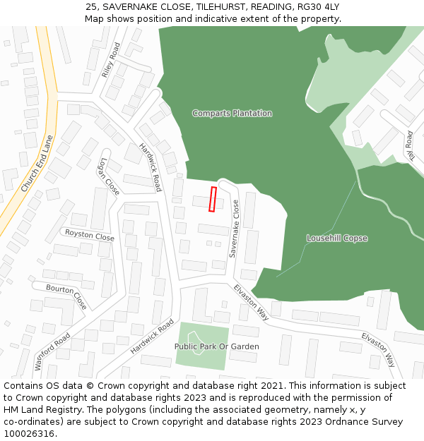 25, SAVERNAKE CLOSE, TILEHURST, READING, RG30 4LY: Location map and indicative extent of plot