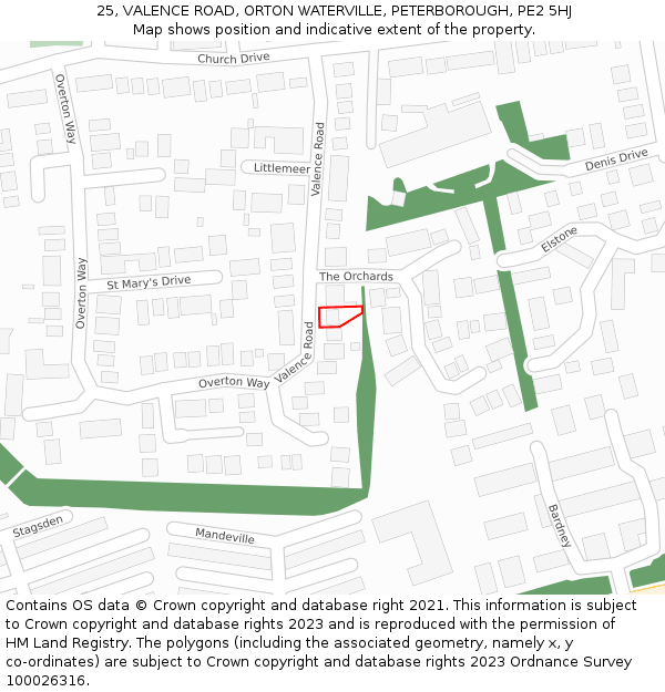 25, VALENCE ROAD, ORTON WATERVILLE, PETERBOROUGH, PE2 5HJ: Location map and indicative extent of plot