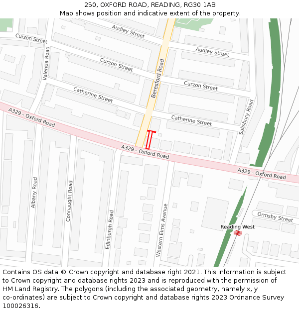 250, OXFORD ROAD, READING, RG30 1AB: Location map and indicative extent of plot