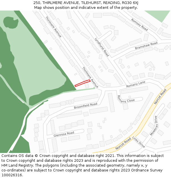 250, THIRLMERE AVENUE, TILEHURST, READING, RG30 6XJ: Location map and indicative extent of plot