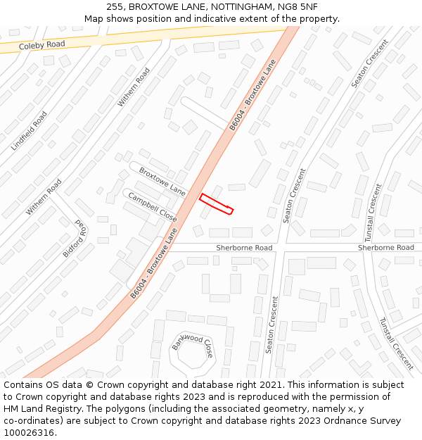 255, BROXTOWE LANE, NOTTINGHAM, NG8 5NF: Location map and indicative extent of plot
