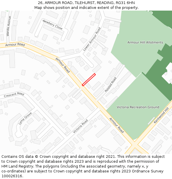 26, ARMOUR ROAD, TILEHURST, READING, RG31 6HN: Location map and indicative extent of plot