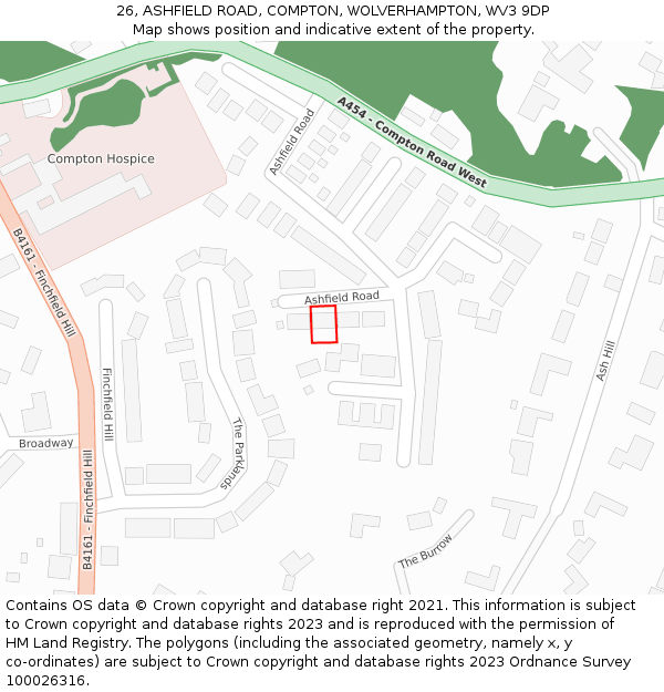 26, ASHFIELD ROAD, COMPTON, WOLVERHAMPTON, WV3 9DP: Location map and indicative extent of plot