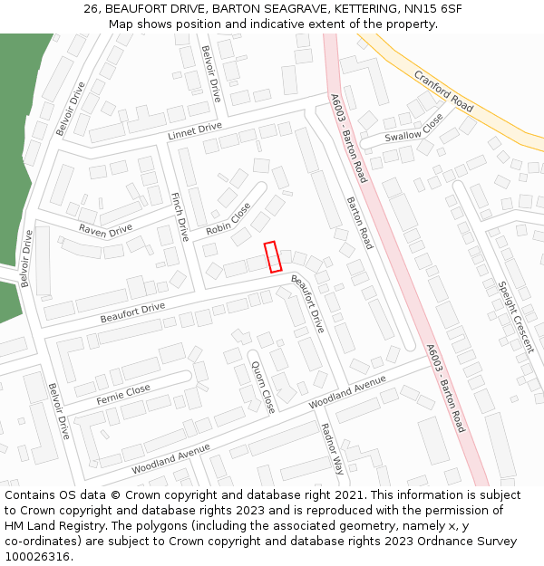 26, BEAUFORT DRIVE, BARTON SEAGRAVE, KETTERING, NN15 6SF: Location map and indicative extent of plot