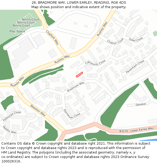 26, BRADMORE WAY, LOWER EARLEY, READING, RG6 4DS: Location map and indicative extent of plot