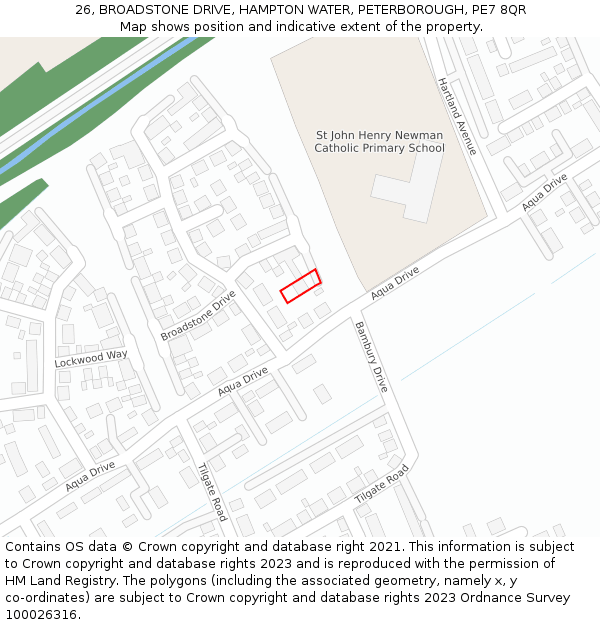 26, BROADSTONE DRIVE, HAMPTON WATER, PETERBOROUGH, PE7 8QR: Location map and indicative extent of plot