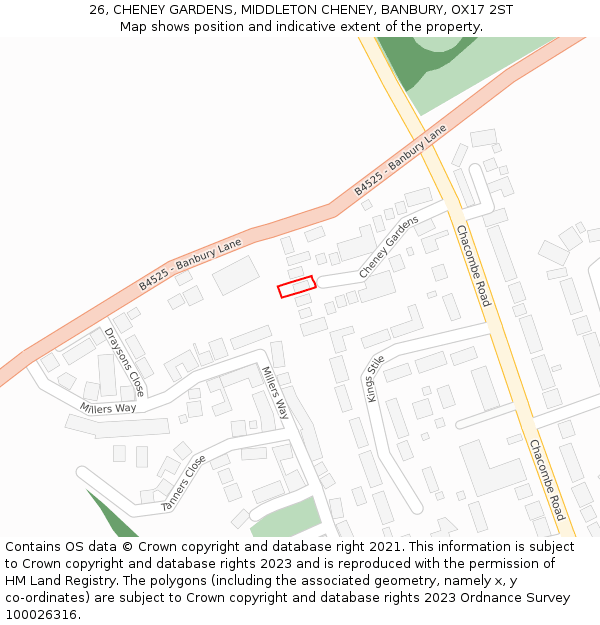 26, CHENEY GARDENS, MIDDLETON CHENEY, BANBURY, OX17 2ST: Location map and indicative extent of plot