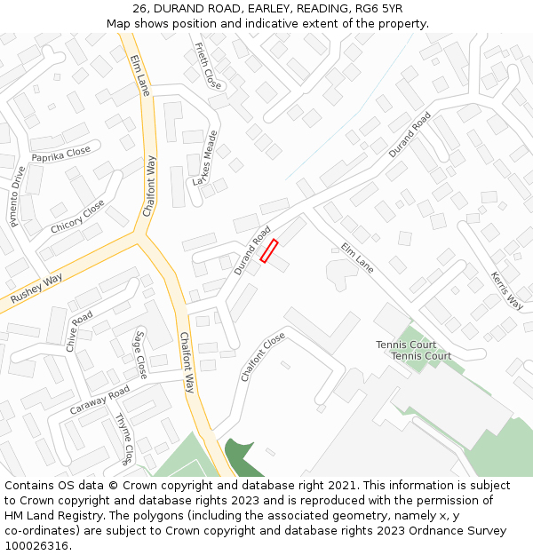 26, DURAND ROAD, EARLEY, READING, RG6 5YR: Location map and indicative extent of plot