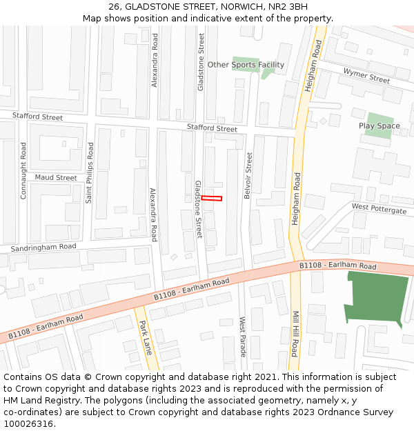 26, GLADSTONE STREET, NORWICH, NR2 3BH: Location map and indicative extent of plot