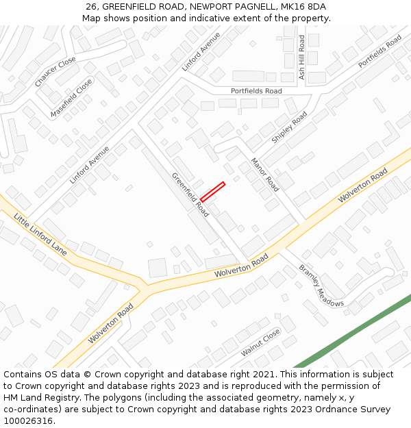 26, GREENFIELD ROAD, NEWPORT PAGNELL, MK16 8DA: Location map and indicative extent of plot