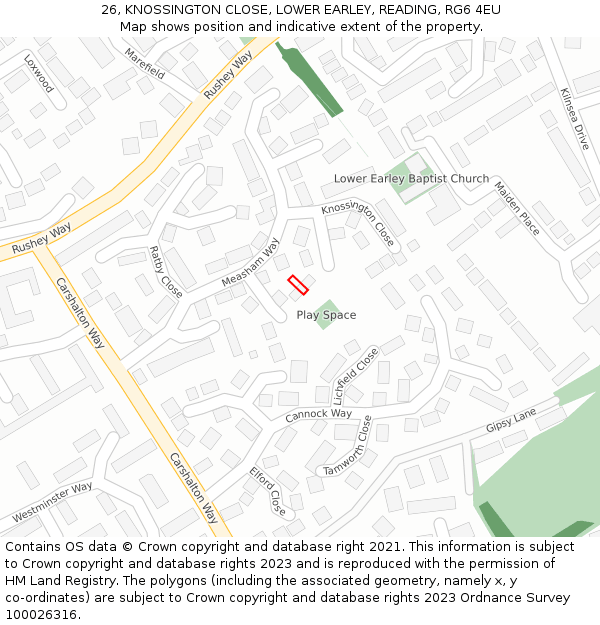 26, KNOSSINGTON CLOSE, LOWER EARLEY, READING, RG6 4EU: Location map and indicative extent of plot