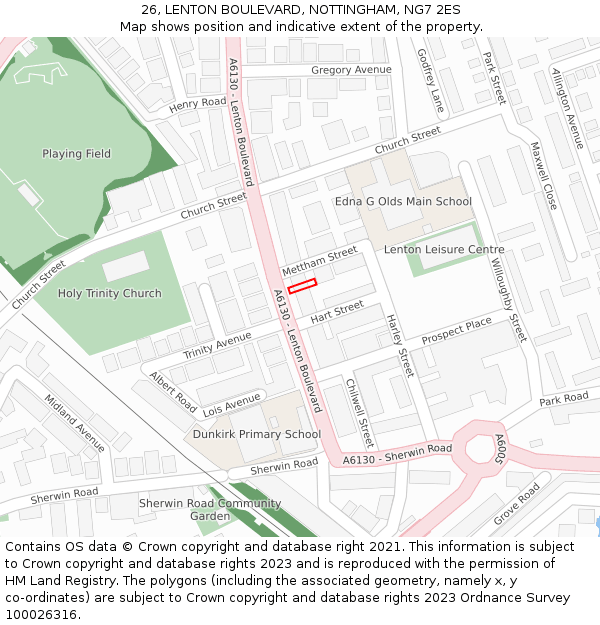 26, LENTON BOULEVARD, NOTTINGHAM, NG7 2ES: Location map and indicative extent of plot
