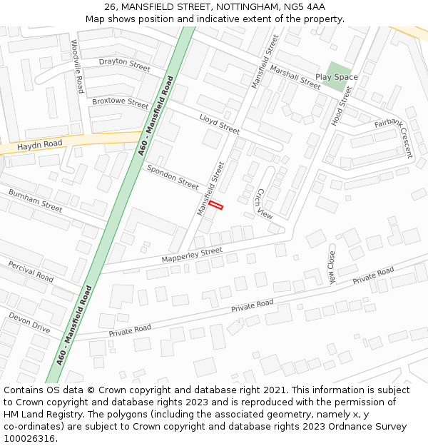 26, MANSFIELD STREET, NOTTINGHAM, NG5 4AA: Location map and indicative extent of plot