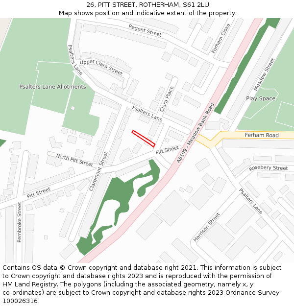 26, PITT STREET, ROTHERHAM, S61 2LU: Location map and indicative extent of plot