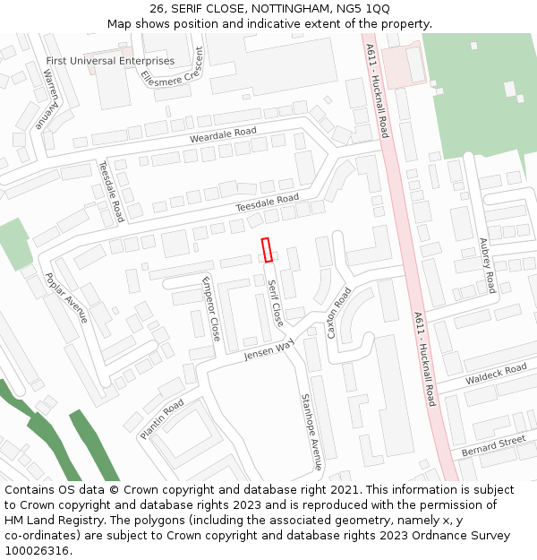26, SERIF CLOSE, NOTTINGHAM, NG5 1QQ: Location map and indicative extent of plot