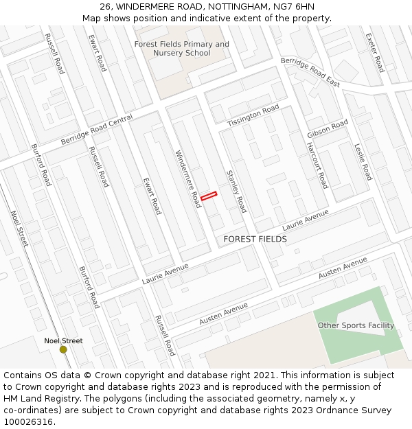 26, WINDERMERE ROAD, NOTTINGHAM, NG7 6HN: Location map and indicative extent of plot