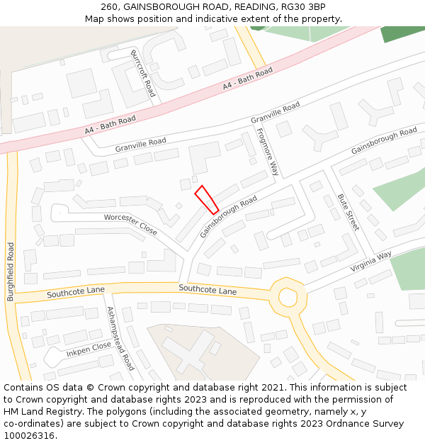 260, GAINSBOROUGH ROAD, READING, RG30 3BP: Location map and indicative extent of plot