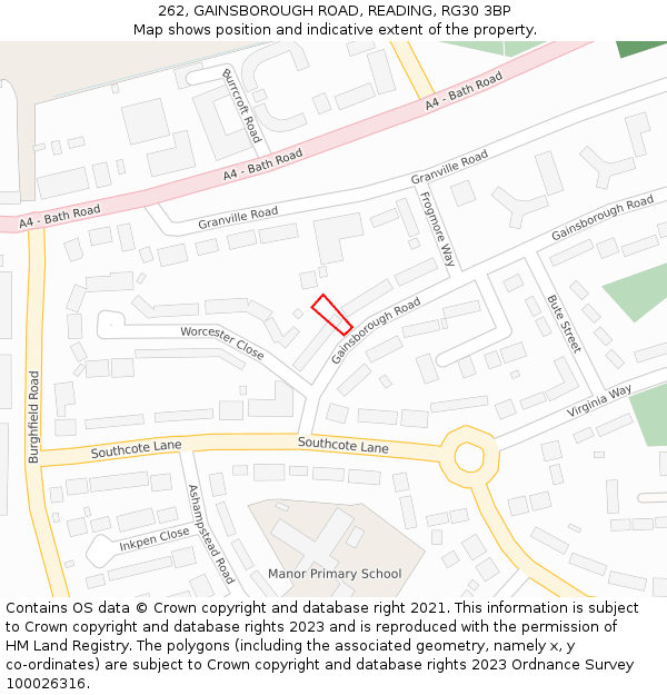 262, GAINSBOROUGH ROAD, READING, RG30 3BP: Location map and indicative extent of plot
