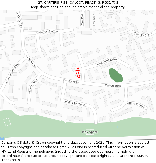 27, CARTERS RISE, CALCOT, READING, RG31 7XS: Location map and indicative extent of plot