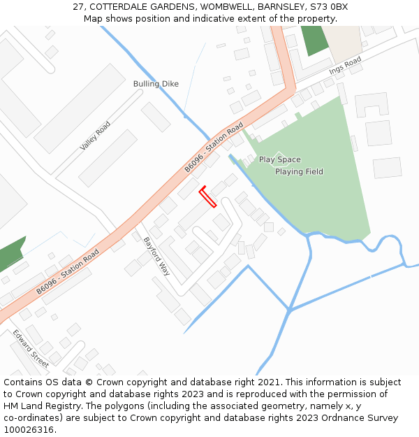 27, COTTERDALE GARDENS, WOMBWELL, BARNSLEY, S73 0BX: Location map and indicative extent of plot