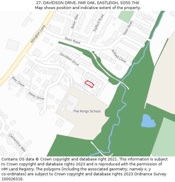 27, DAVIDSON DRIVE, FAIR OAK, EASTLEIGH, SO50 7HX: Location map and indicative extent of plot