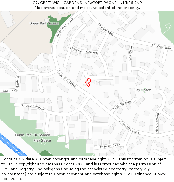 27, GREENWICH GARDENS, NEWPORT PAGNELL, MK16 0NP: Location map and indicative extent of plot