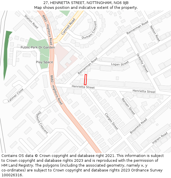 27, HENRIETTA STREET, NOTTINGHAM, NG6 9JB: Location map and indicative extent of plot