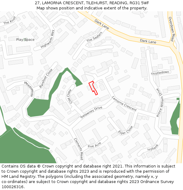 27, LAMORNA CRESCENT, TILEHURST, READING, RG31 5WF: Location map and indicative extent of plot