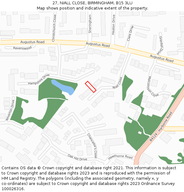 27, NIALL CLOSE, BIRMINGHAM, B15 3LU: Location map and indicative extent of plot