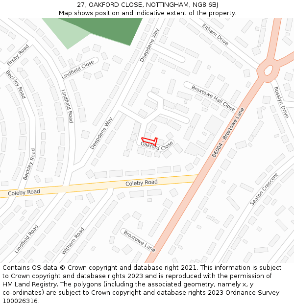 27, OAKFORD CLOSE, NOTTINGHAM, NG8 6BJ: Location map and indicative extent of plot