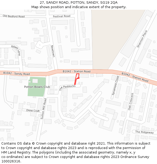 27, SANDY ROAD, POTTON, SANDY, SG19 2QA: Location map and indicative extent of plot