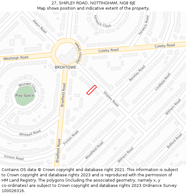 27, SHIPLEY ROAD, NOTTINGHAM, NG8 6JE: Location map and indicative extent of plot