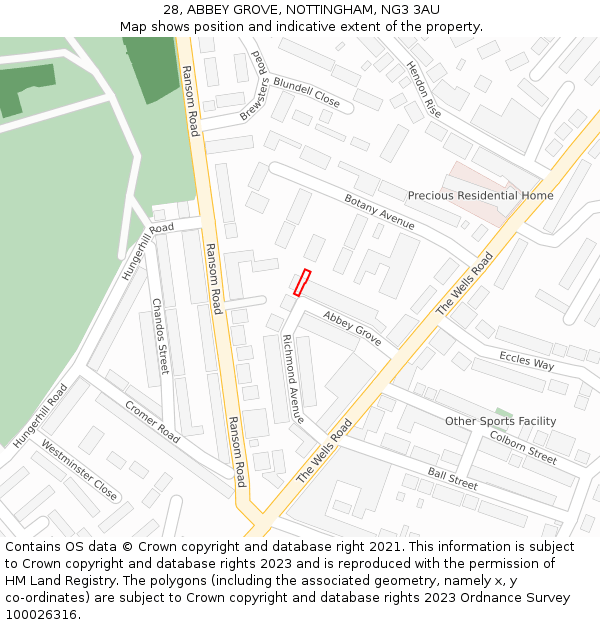 28, ABBEY GROVE, NOTTINGHAM, NG3 3AU: Location map and indicative extent of plot