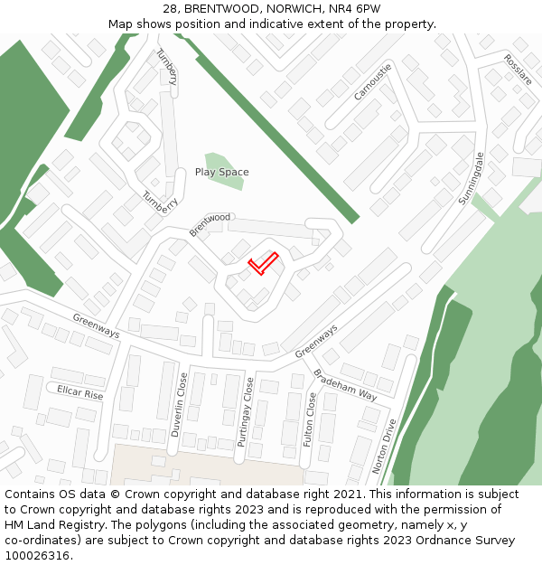 28, BRENTWOOD, NORWICH, NR4 6PW: Location map and indicative extent of plot