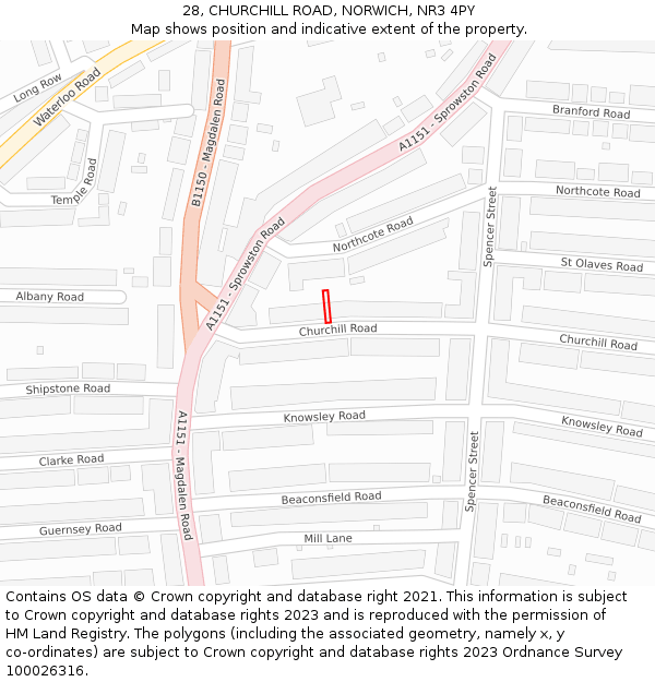 28, CHURCHILL ROAD, NORWICH, NR3 4PY: Location map and indicative extent of plot