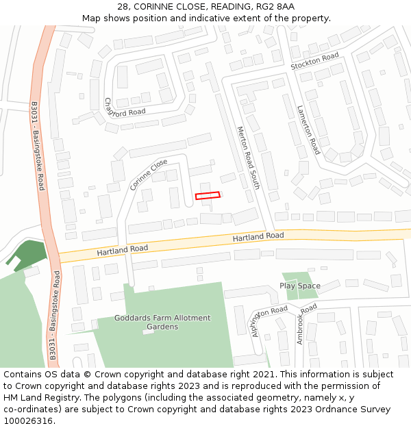 28, CORINNE CLOSE, READING, RG2 8AA: Location map and indicative extent of plot