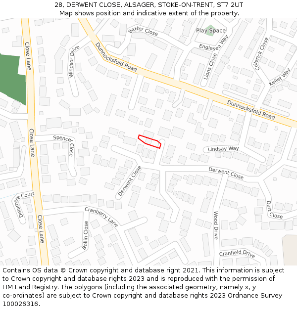 28, DERWENT CLOSE, ALSAGER, STOKE-ON-TRENT, ST7 2UT: Location map and indicative extent of plot