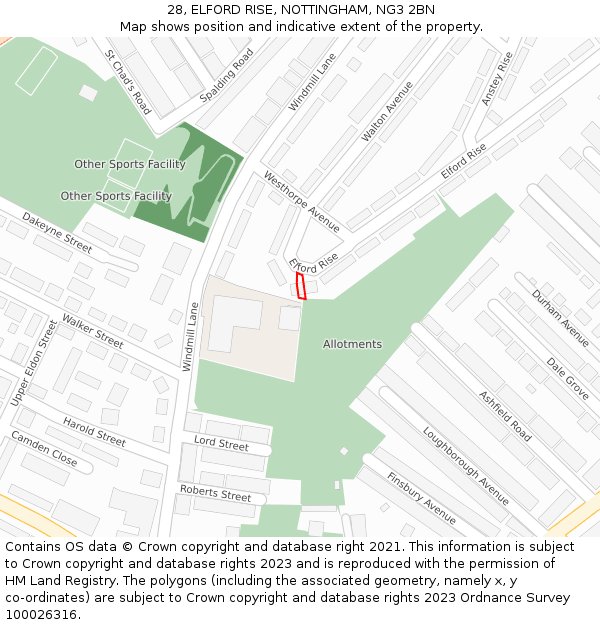 28, ELFORD RISE, NOTTINGHAM, NG3 2BN: Location map and indicative extent of plot