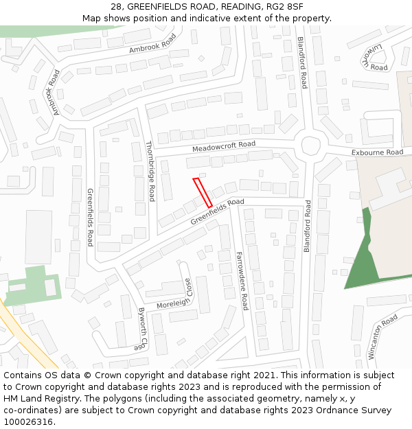 28, GREENFIELDS ROAD, READING, RG2 8SF: Location map and indicative extent of plot