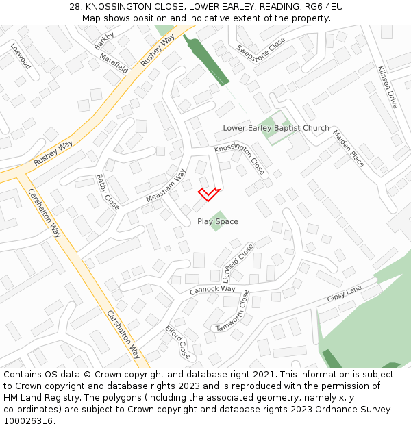 28, KNOSSINGTON CLOSE, LOWER EARLEY, READING, RG6 4EU: Location map and indicative extent of plot