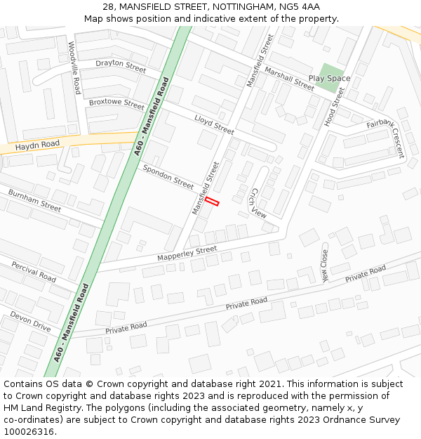 28, MANSFIELD STREET, NOTTINGHAM, NG5 4AA: Location map and indicative extent of plot