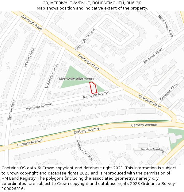 28, MERRIVALE AVENUE, BOURNEMOUTH, BH6 3JP: Location map and indicative extent of plot
