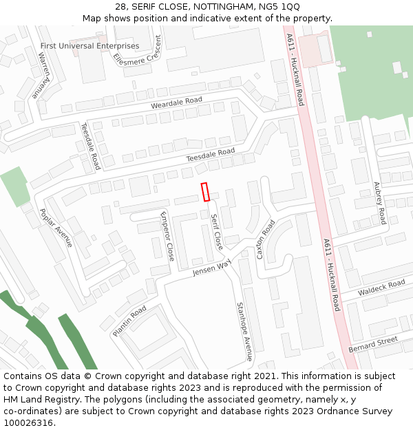 28, SERIF CLOSE, NOTTINGHAM, NG5 1QQ: Location map and indicative extent of plot