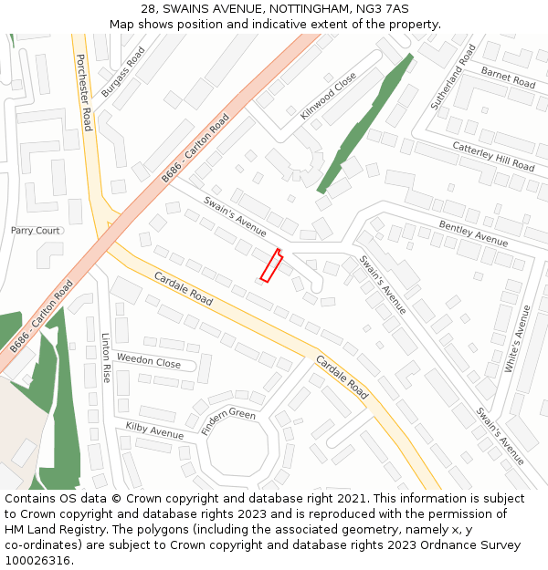 28, SWAINS AVENUE, NOTTINGHAM, NG3 7AS: Location map and indicative extent of plot