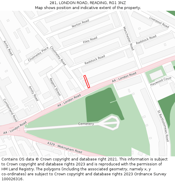 281, LONDON ROAD, READING, RG1 3NZ: Location map and indicative extent of plot